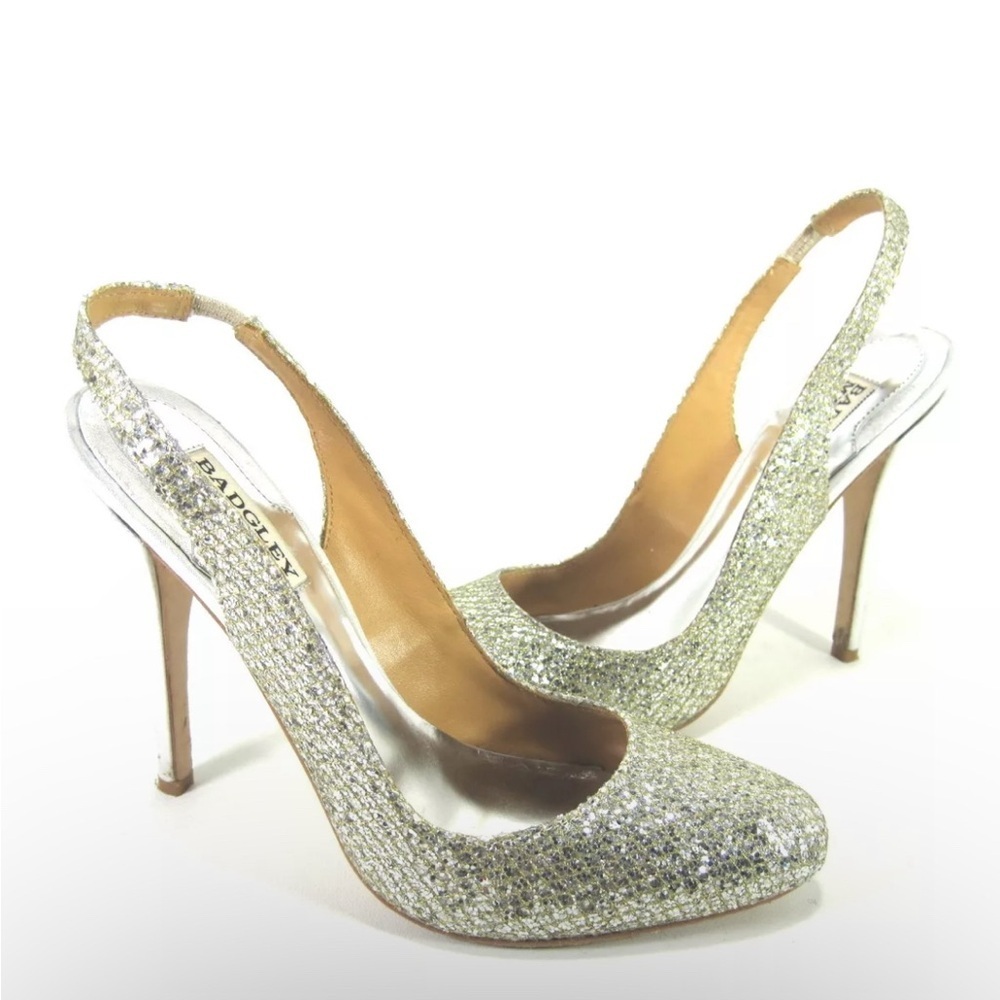 BADGLEY MISCHKA WOMEN'S KISS KISS SLINGBACK PUMP GOLD GLITTER US SIZE 8 MEDIUM